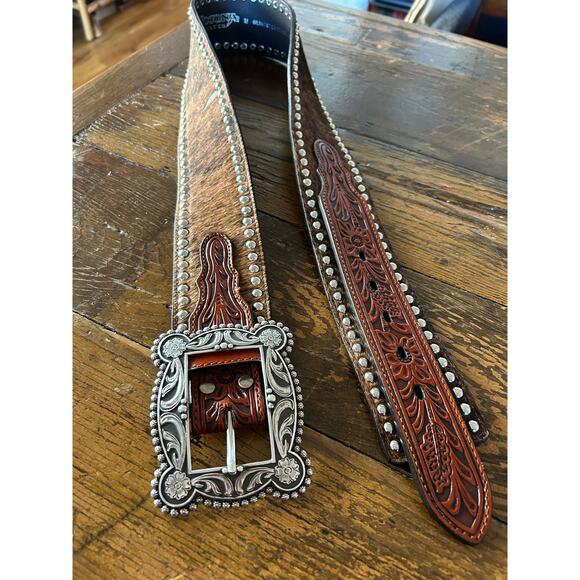Nocona Hair-On Hide Western Belt M Tooled Leather Inlay Silver Studs - Picture 2 of 7
